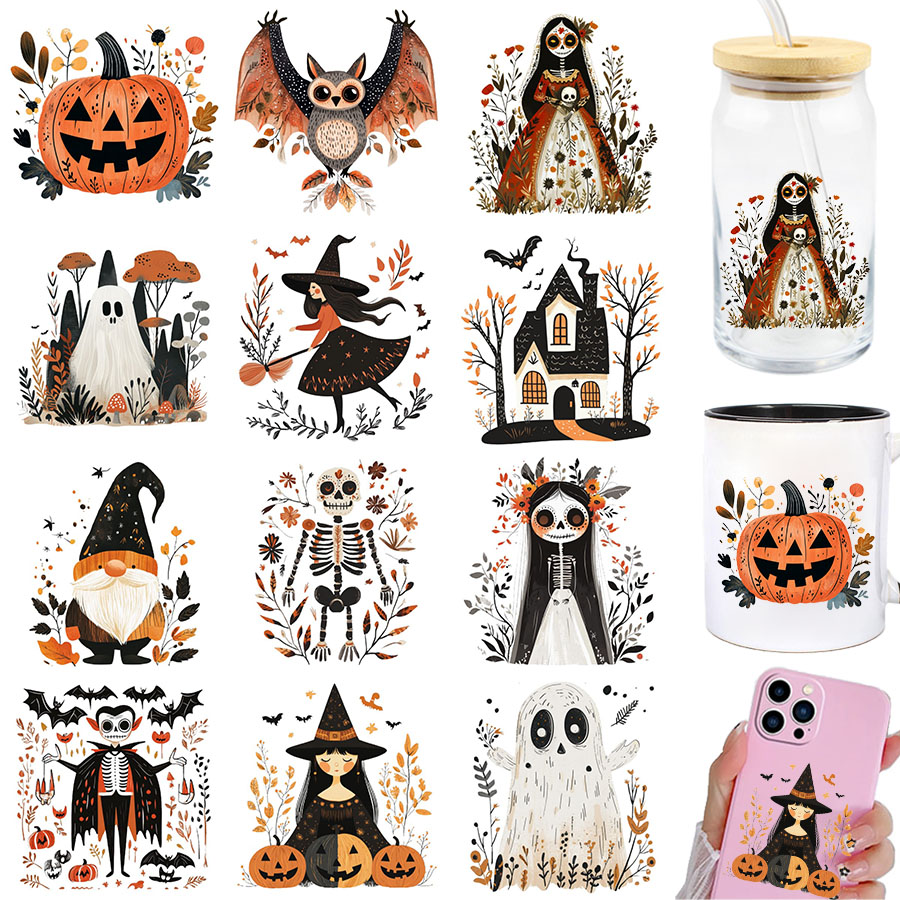 Art And Craft Autumn - สติกเกอร์ตกแต่งแก้วน้ำ/แก้วกาแฟ/การ์ด ลายศิลปะพื้นบ้านสไตล์นอร์ดิกฤดูใบไม้ร่วง ฮาโลวีน DIY UV DTF