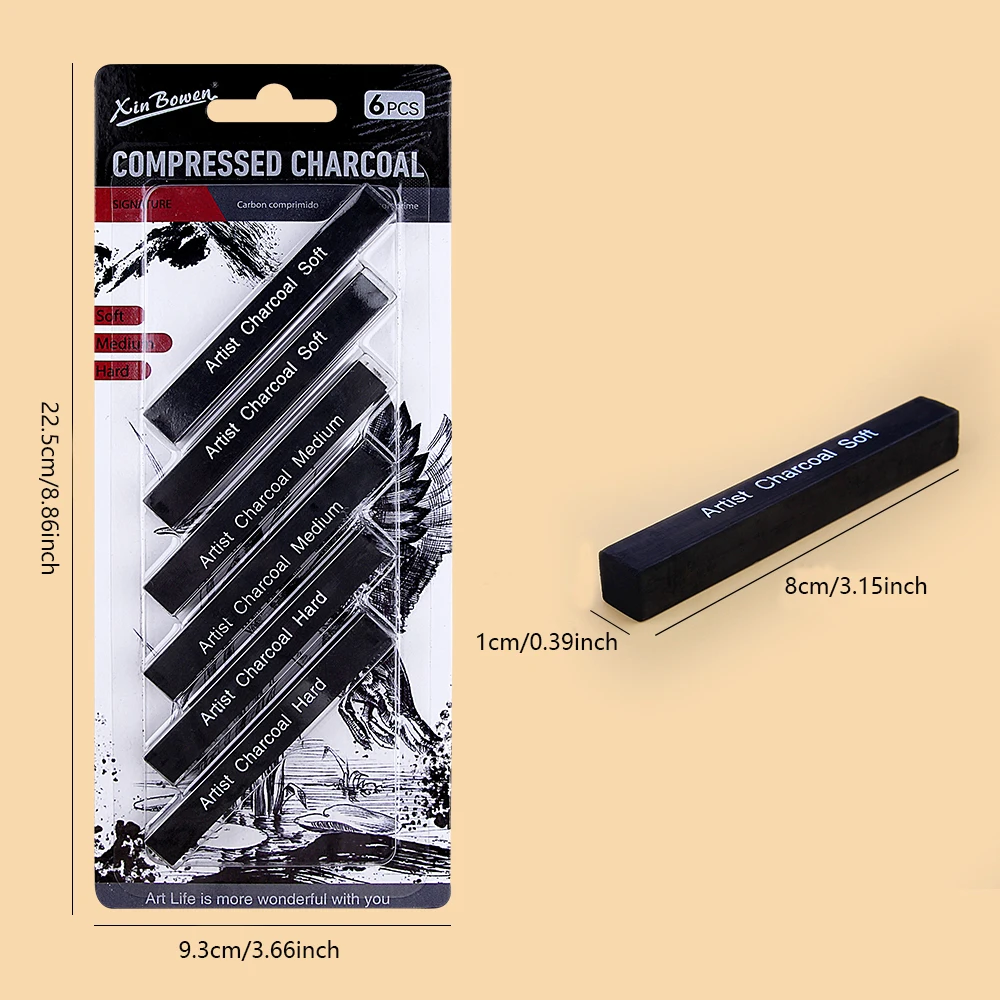 Sketching Charcoal Set - 6pcs Sketch ถ่านบาร์ชุดนุ่มปานกลางถ่านบีบอัด Sticks สําหรับศิลปินนักเรียน Sketching