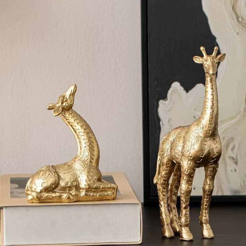 Art Craft Display - ชุดของตกแต่งรูปยีราฟ 2 ชิ้น/ชุด, งานศิลปะรูปปั้นสีทอง, สำหรับตกแต่งชั้นวางหนังสือ บ้าน