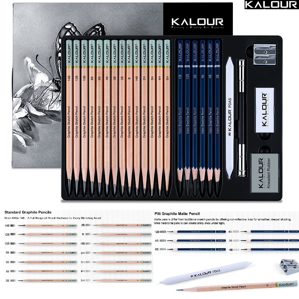 Sketching Charcoal Set - ชุดเครื่องมือวาดภาพถ่าน KALOUR 25/22 ชิ้น ชุดดินสอวาดภาพระดับมืออาชีพ ปลอดภัย