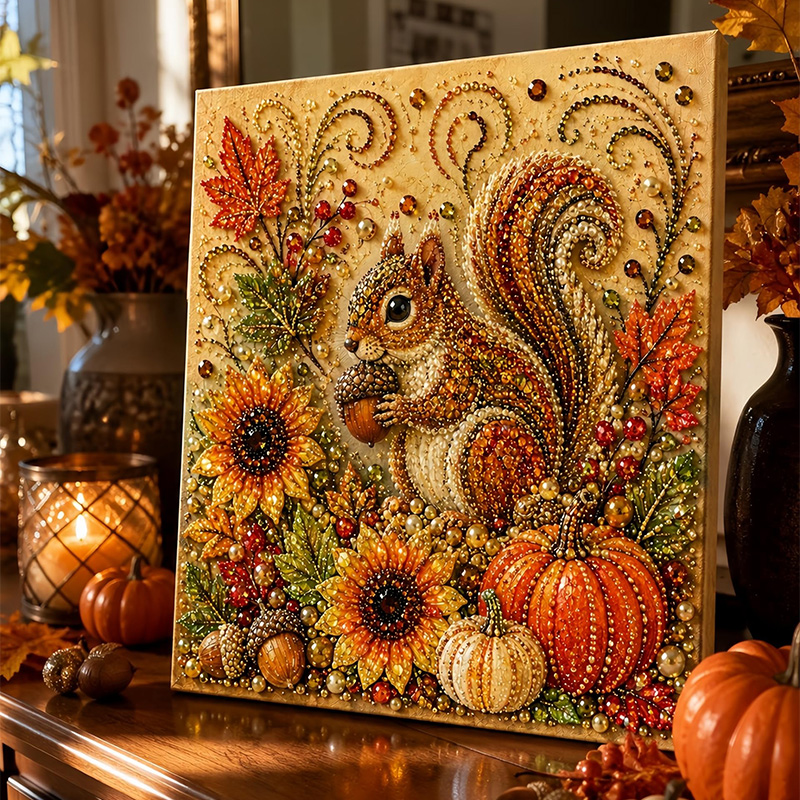 Art And Craft Autumn - ชุดงานศิลปะเพชร DIY ลายภาพวาดฤดูใบไม้ร่วง 3D รูปฟักทองและกระรอก สำหรับตกแต่งผนังบ้าน