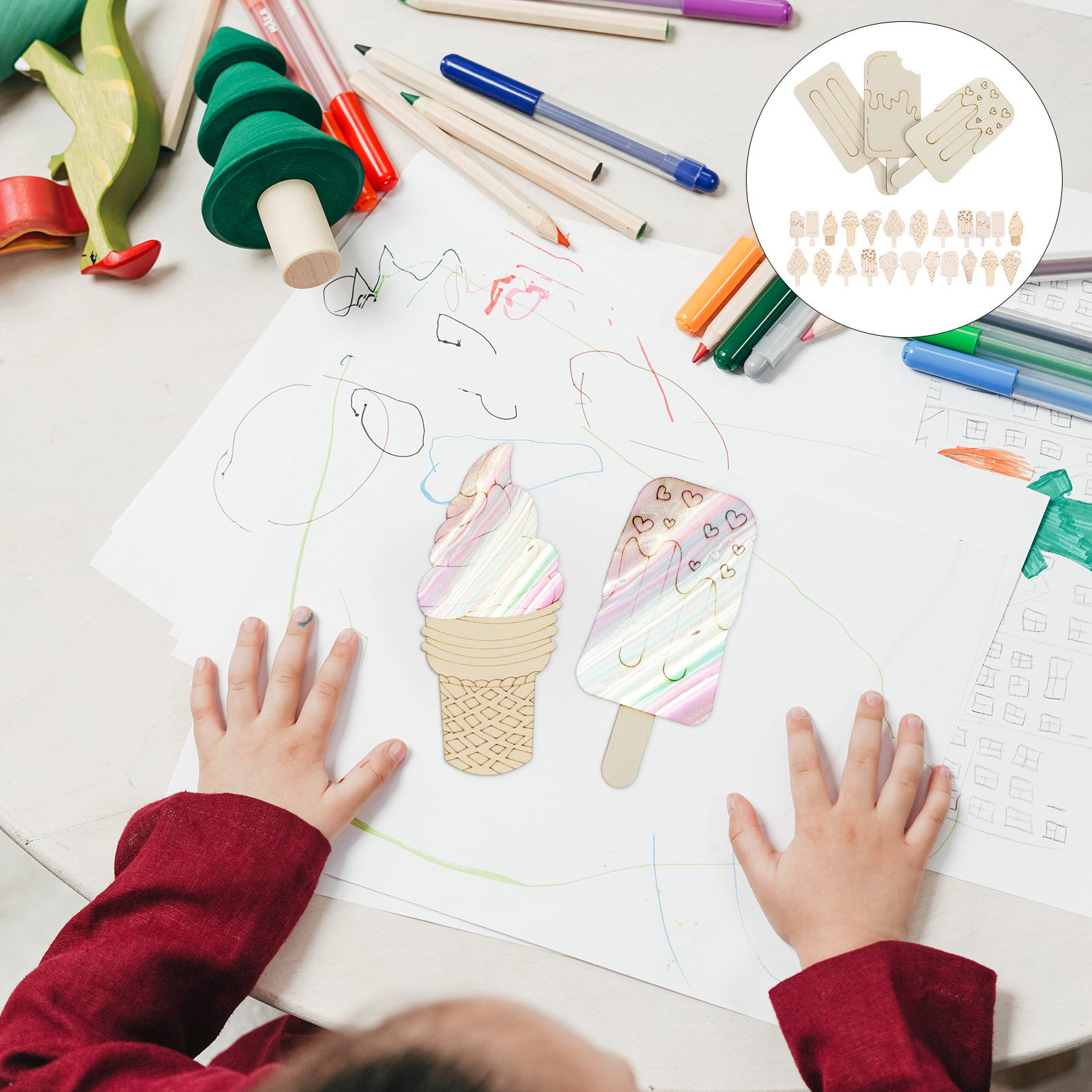Art Craft Ice Cream - แผ่นไม้สำหรับงานศิลปะ 70 ชิ้น รูปทรงไอศกรีม สำหรับงานประดิษฐ์และงานศิลปะ ตกแต่งบ้าน