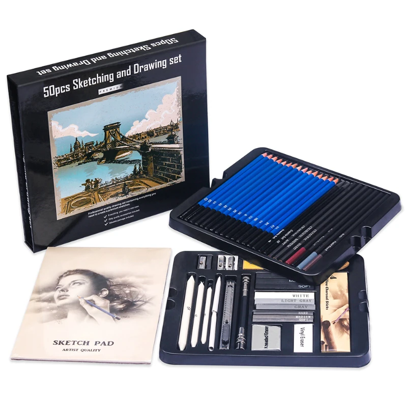 Sketching Charcoal Set - 50 ชิ้น Sketching ดินสอชุดดินสอไม้ศิลปินเริ่มต้น Professional วาดแกรไฟต์ถ่านดินสอยางลบ