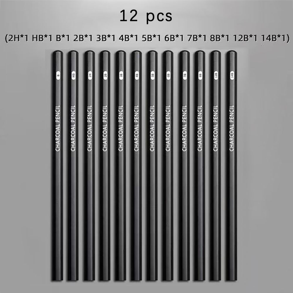 Sketching Charcoal Set - ดินสอวาดภาพ 12 แท่งสำหรับนักเรียน ชุดดินสอถ่านสำหรับผู้เริ่มต้น ใช้สำหรับวาดภาพ มีความแข็งหลากหลายสำหรับงานศิลปะ