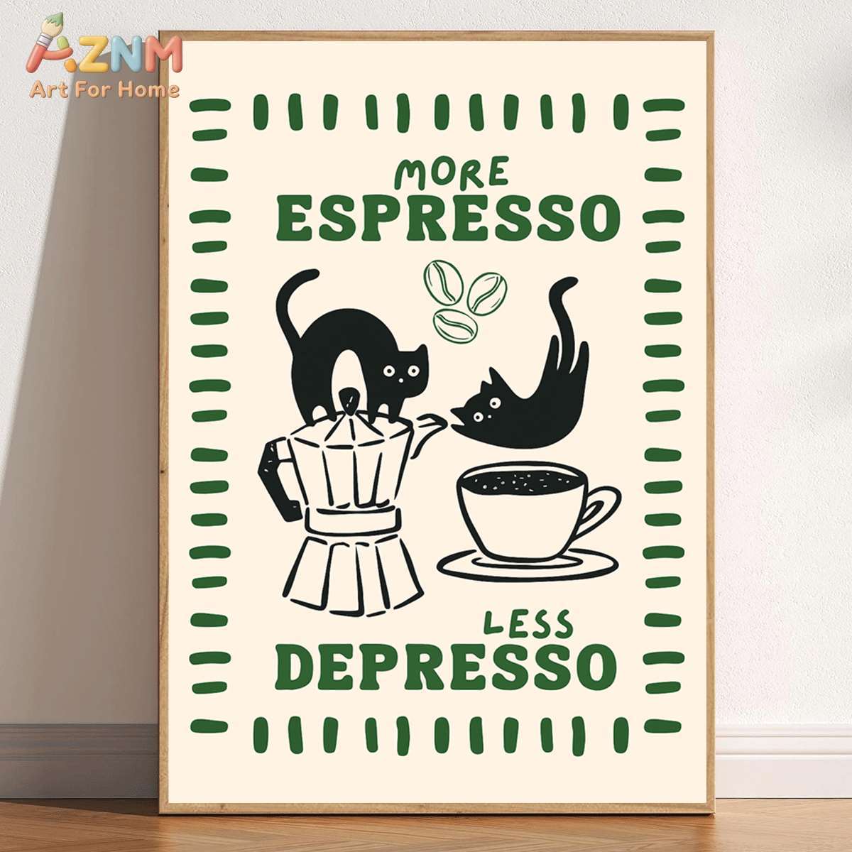 Art Craft Kitchen - AZNM More Espresso Less Depresso ภาพพิมพ์บนผ้าใบลายแมวดำตลก