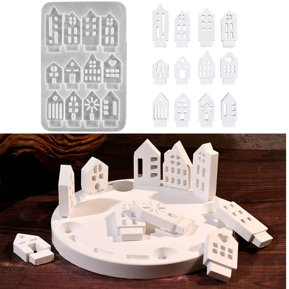 Art Craft House Making - Hollow Small House เทียนผู้ถือแม่พิมพ์ซิลิโคน HouseGypsum เครื่องประดับ