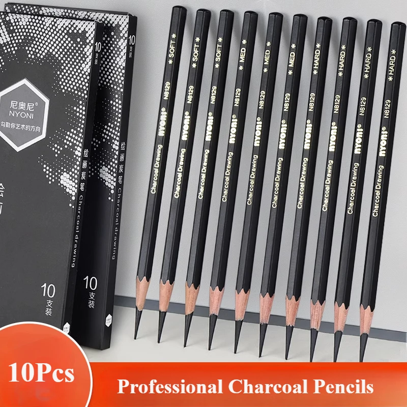 Sketching Charcoal Set - ชุดวาดดินสอถ่านมืออาชีพ -10 ชิ้นนุ่มปานกลางและแข็งสําหรับการวาดภาพร่างการแรเงาศิลปินเริ่มต้น