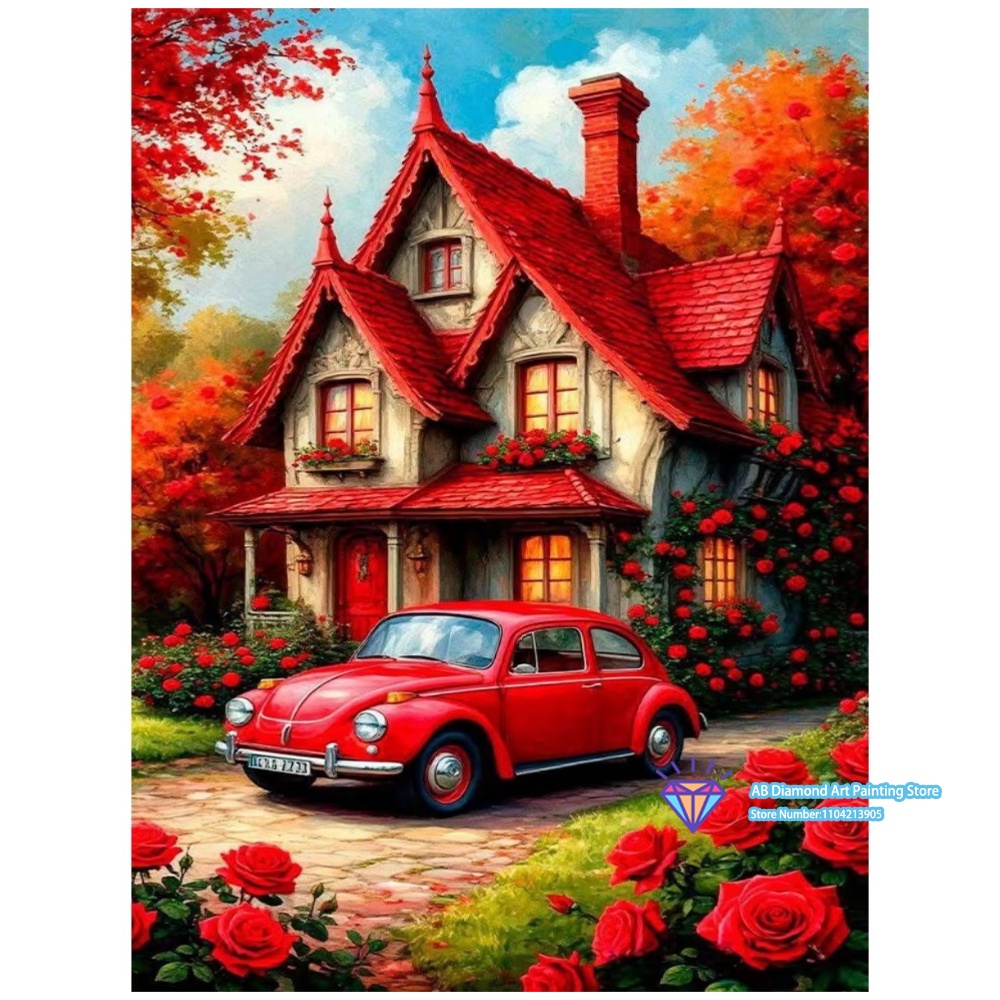 Art And Craft Autumn - ชุดภาพวาดเพชร 5 มิติ ลายบ้านสีแดง รถ ดอกกุหลาบ